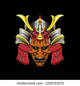 Samurai Maske Oni Devil Japanisch Traditionelle Rüstungsgeschosse Krieger Helm-Illustration. Militär- und Geschichtskonzept für Symbole und Embleme, geeignet für T-Shirt-Design, Flugblätter, Sticker, Karten