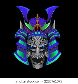 Máscara de Samurai Oni Devil japonés armor tradicional shogun guerrero ilustración del casco. Concepto militar e histórico para símbolos y emblemas plantillas Adecuado para el diseño de camisetas, volantes, pegatinas, tarjetas