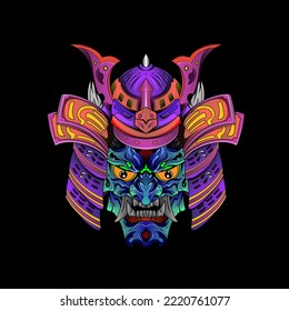 Samurai mask Oni Devil Japanese Traditional armor shogun warrior helmet illustration. Military and history concept for symbols and emblems templates Suitable for tshirt design, Flyers, Stickers, Cards