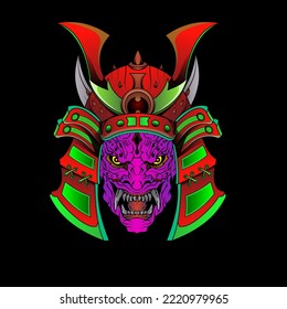 Samurai mask Oni Devil Japanese Traditional armor shogun warrior helmet illustration. Military and history concept for symbols and emblems templates Suitable for tshirt design, Flyers, Stickers, Cards