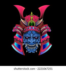 Samurai Maske Oni Devil Japanisch Traditionelle Rüstungsgeschosse Krieger Helm-Illustration. Militär- und Geschichtskonzept für Symbole und Embleme, geeignet für T-Shirt-Design, Flugblätter, Sticker, Karten