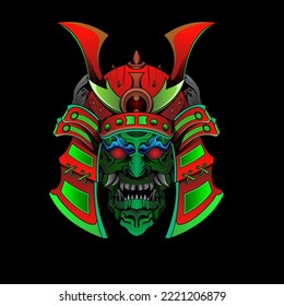 Samurai mask Oni Devil Japanese Traditional armor shogun warrior helmet illustration. Military and history concept for symbols and emblems templates Suitable for tshirt design, Flyers, Stickers, Cards