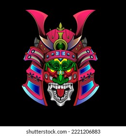 Samurai mask Oni Devil Japanese Traditional armor shogun warrior helmet illustration. Military and history concept for symbols and emblems templates Suitable for tshirt design, Flyers, Stickers, Cards