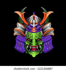 Samurai Maske Oni Devil Japanisch Traditionelle Rüstungsgeschosse Krieger Helm-Illustration. Militär- und Geschichtskonzept für Symbole und Embleme, geeignet für T-Shirt-Design, Flugblätter, Sticker, Karten