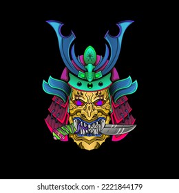 Máscara de Samurai Oni Devil japonés armor tradicional shogun guerrero ilustración del casco. Concepto militar e histórico para símbolos y emblemas plantillas Adecuado para el diseño de camisetas, volantes, pegatinas, tarjetas