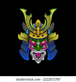 Samurai mask Oni Devil Japanese Traditional armor shogun warrior helmet illustration. Military and history concept for symbols and emblems templates Suitable for tshirt design, Flyers, Stickers, Cards