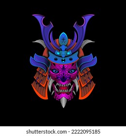 Samurai mask Oni Devil Japanese Traditional armor shogun warrior helmet illustration. Military and history concept for symbols and emblems templates Suitable for tshirt design, Flyers, Stickers, Cards