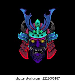 Samurai mask Oni Devil Japanese Traditional armor shogun warrior helmet illustration. Military and history concept for symbols and emblems templates Suitable for tshirt design, Flyers, Stickers, Cards
