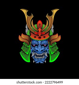 Máscara de Samurai Oni Devil japonés armor tradicional shogun guerrero ilustración del casco. Concepto militar e histórico para símbolos y emblemas plantillas Adecuado para el diseño de camisetas, volantes, pegatinas, tarjetas