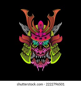 Máscara de Samurai Oni Devil japonés armor tradicional shogun guerrero ilustración del casco. Concepto militar e histórico para símbolos y emblemas plantillas Adecuado para el diseño de camisetas, volantes, pegatinas, tarjetas