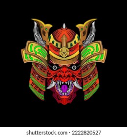 Samurai mask Oni Devil Japanese Traditional armor shogun warrior helmet illustration. Military and history concept for symbols and emblems templates Suitable for tshirt design, Flyers, Stickers, Cards