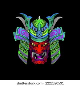 Máscara de Samurai Oni Devil japonés armor tradicional shogun guerrero ilustración del casco. Concepto militar e histórico para símbolos y emblemas plantillas Adecuado para el diseño de camisetas, volantes, pegatinas, tarjetas