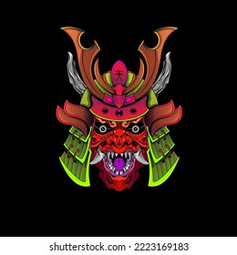 Samurai Maske Oni Devil Japanisch Traditionelle Rüstungsgeschosse Krieger Helm-Illustration. Militär- und Geschichtskonzept für Symbole und Embleme, geeignet für T-Shirt-Design, Flugblätter, Sticker, Karten