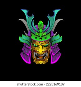 Máscara de Samurai Oni Devil japonés armor tradicional shogun guerrero ilustración del casco. Concepto militar e histórico para símbolos y emblemas plantillas Adecuado para el diseño de camisetas, volantes, pegatinas, tarjetas