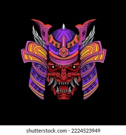 Samurai mask Oni Devil Japanese Traditional armor shogun warrior helmet illustration. Military and history concept for symbols and emblems templates Suitable for tshirt design, Flyers, Stickers, Cards