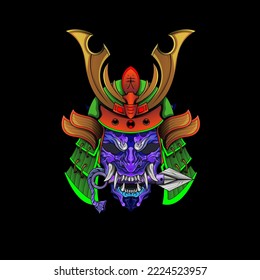 Samurai mask Oni Devil Japanese Traditional armor shogun warrior helmet illustration. Military and history concept for symbols and emblems templates Suitable for tshirt design, Flyers, Stickers, Cards
