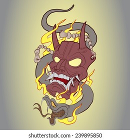 Samurai Mask with Snake in Fire
