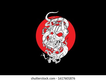 Samurai Mask with snake. Japanese Art. Red, white and black. Vector illustration for tattoos, wallpapers, backgrounds. 