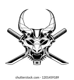 samurai mask Sword skull drawing vector illustration