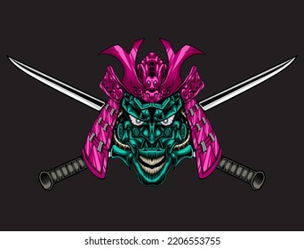 Samurai mask and two crossed katana swords vector