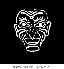 Samurai mask. Vector, calligraphy, ink, brush, drawing, sketch, stylization. Ancient Japan, culture, oriental tradition, warrior, hero, angry face. White on black. Eps10