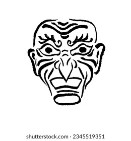 Samurai mask. Vector graphics, calligraphy, ink, brush, hand drawing, doodle, stylization, illustration. Ancient Japanese tradition and culture, warrior, hero, ronin. Black on white. Eps10