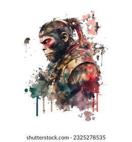 Samurai Monkey Traditional Japanese | Transparent 300dpi digital tshirt POD, EPS, vector, clipart, book cover, wallart, ready to print, Print-on-Demand, colorful, no background, beauty