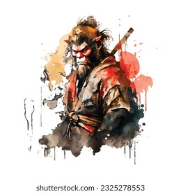 Samurai Monkey Traditional Japanese | Transparent 300dpi digital tshirt POD, EPS, vector, clipart, book cover, wallart, ready to print, Print-on-Demand, colorful, no background, beauty