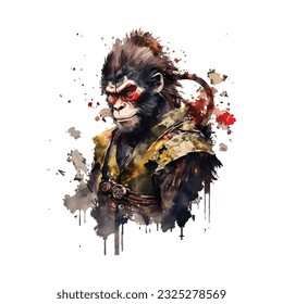 Samurai Monkey Traditional Japanese | Transparent 300dpi digital tshirt POD, EPS, vector, clipart, book cover, wallart, ready to print, Print-on-Demand, colorful, no background, beauty