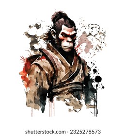 Samurai Monkey Traditional Japanese | Transparent 300dpi digital tshirt POD, EPS, vector, clipart, book cover, wallart, ready to print, Print-on-Demand, colorful, no background, beauty
