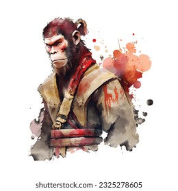 Samurai Monkey Traditional Japanese | Transparent 300dpi digital tshirt POD, EPS, vector, clipart, book cover, wallart, ready to print, Print-on-Demand, colorful, no background, beauty
