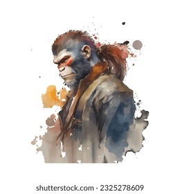 Samurai Monkey Traditional Japanese | Transparent 300dpi digital tshirt POD, EPS, vector, clipart, book cover, wallart, ready to print, Print-on-Demand, colorful, no background, beauty
