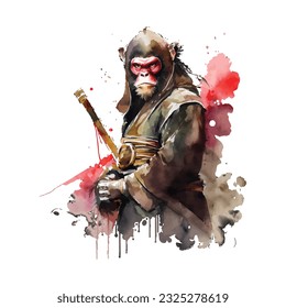 Samurai Monkey Traditional Japanese | Transparent 300dpi digital tshirt POD, EPS, vector, clipart, book cover, wallart, ready to print, Print-on-Demand, colorful, no background, beauty