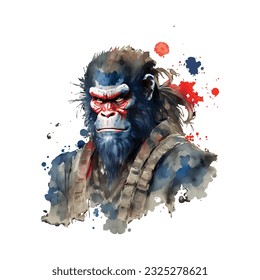 Samurai Monkey Traditional Japanese | Transparent 300dpi digital tshirt POD, EPS, vector, clipart, book cover, wallart, ready to print, Print-on-Demand, colorful, no background, beauty