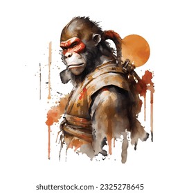 Samurai Monkey Traditional Japanese | Transparent 300dpi digital tshirt POD, EPS, vector, clipart, book cover, wallart, ready to print, Print-on-Demand, colorful, no background, beauty