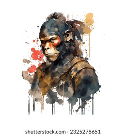 Samurai Monkey Traditional Japanese | Transparent 300dpi digital tshirt POD, EPS, vector, clipart, book cover, wallart, ready to print, Print-on-Demand, colorful, no background, beauty