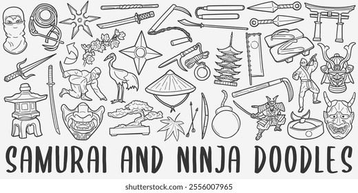 Samurai and Ninja doodle icon set. Asian Warriors Vector illustration collection. Banner Hand drawn Line art style.