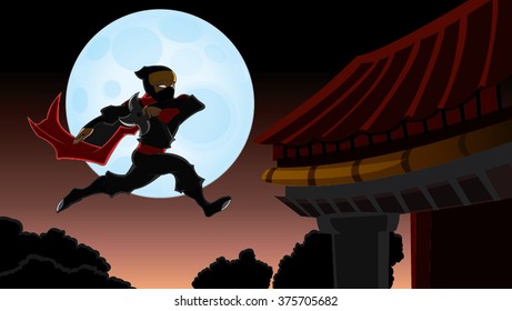 Samurai Ninja In Front of Japan Moon Jumping In Air Cartoon Vector