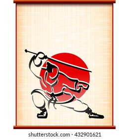 Samurai on the background of ancient parchment in fighting stance with katana;
Traditional sports Asian martial art; Hand-drawing in the style of ink painting; Eps10