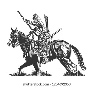 Samurai on a Horse in the Attack, artistic Drawing sketch