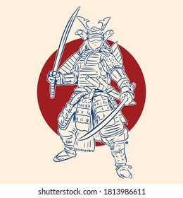 samurai on line art hand draw vector illustration