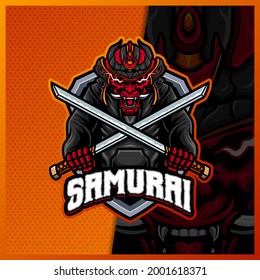 Samurai Oni with katana mascot esport logo design illustrations vector template, Devil Ninja logo for team game streamer, full color cartoon style