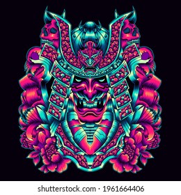 Samurai Oni Mask illustration with ornament.