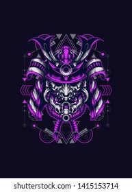 Samurai Oni mask with sacred geometry pattern