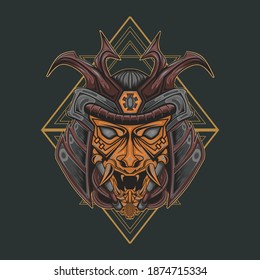 Samurai Oni mask with sacred geometry pattern. Perfect for design of t-shirts, stickers, merchandise, etc.