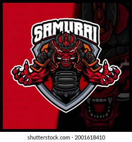 Samurai Oni Monster mascot esport logo design illustrations vector template, Devil Ninja logo for team game streamer. full color cartoon style