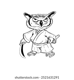 samurai owl cartoon hand drawn style