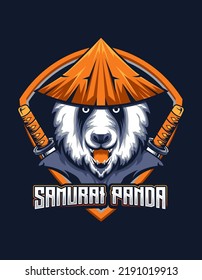 Samurai Panda mascot with straw hat and sword for e-sport gaming logo vector design
