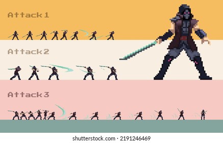 Samurai pixel art sprite Sheet Animation Charakter Zeichentrickfilm animierte Rahmen für Frame-Vektorspiel bereit für die Verwendung laufen Angriff Angriff Verteidigung Leerlauf