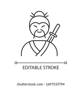 Samurai Pixel perfekte lineare Symbol. Kämpfer für asiatische Kampfkunst. Alter Mann mit Schnurrbart und Katana. Dünne, anpassbare Illustration. Contour-Symbol. Vektorillustration einzelne Umrisszeichnung. Bearbeitbarer Hub